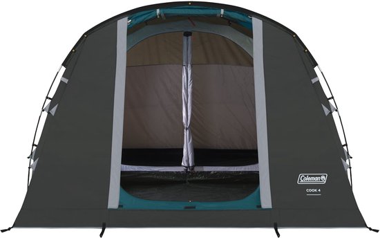 Grijze tunneltent met geopende voorkant, toont het interieur. Blauw accent en Coleman COOK 4 logo.