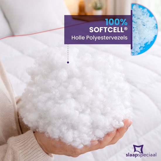 Handen die een pluk witte, pluizige vulling vasthouden. "100% SOFTCELL Holle Polyestervezels" tekst en inzetstuk met vulling.