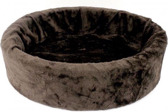 Ronde, donkerbruine, pluche hondenmand met opstaande, zachte randen, leeg.