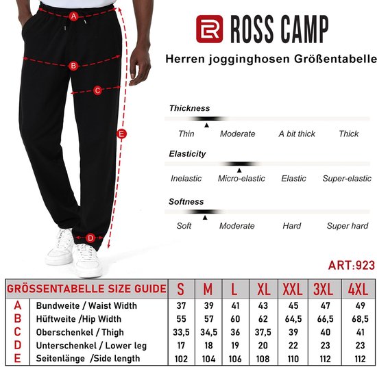 Maattabel voor heren joggingbroeken van Ross Camp, met metingen voor taille, heup, dij, beenlengte.
