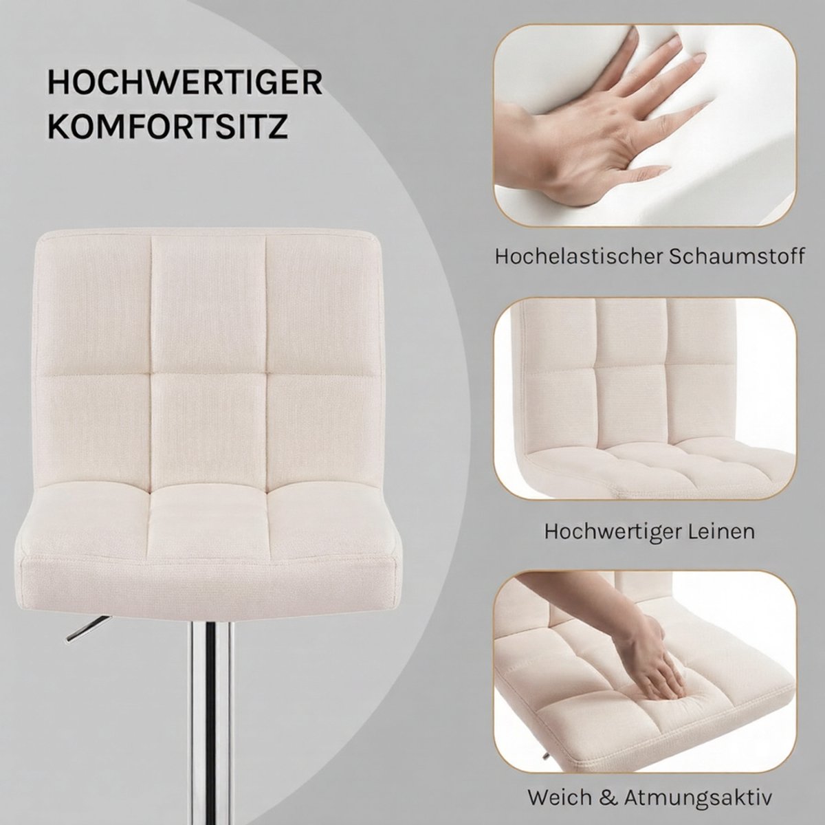 Barkrukken set van 2 – House&Garden Veice Luxe Design barstoelen, linnen zitting, in hoogte verstelbaar, draaibaar, met rugleuning en voetensteun, crème-wit, modern, robuust metalen frame