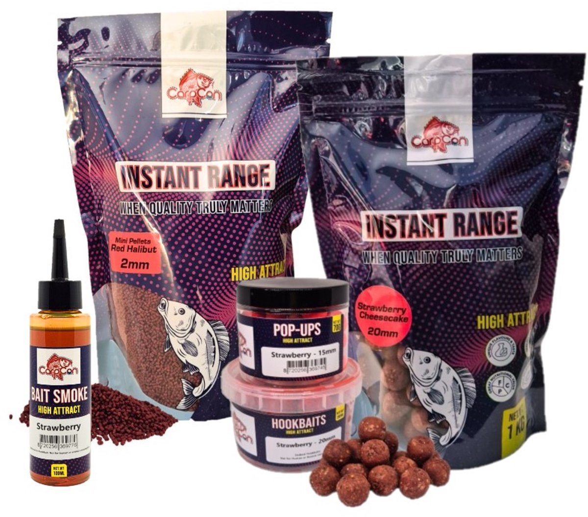 High Attract Voerpakket 'Strawberry Red' Groot - 15mm - Karper voer/boilies - Voordeelpakket voor vissers - Met 15mm Instant Range Boilies, Pellets, Bait Smoke, Hookbaits & Pop Ups - Visset