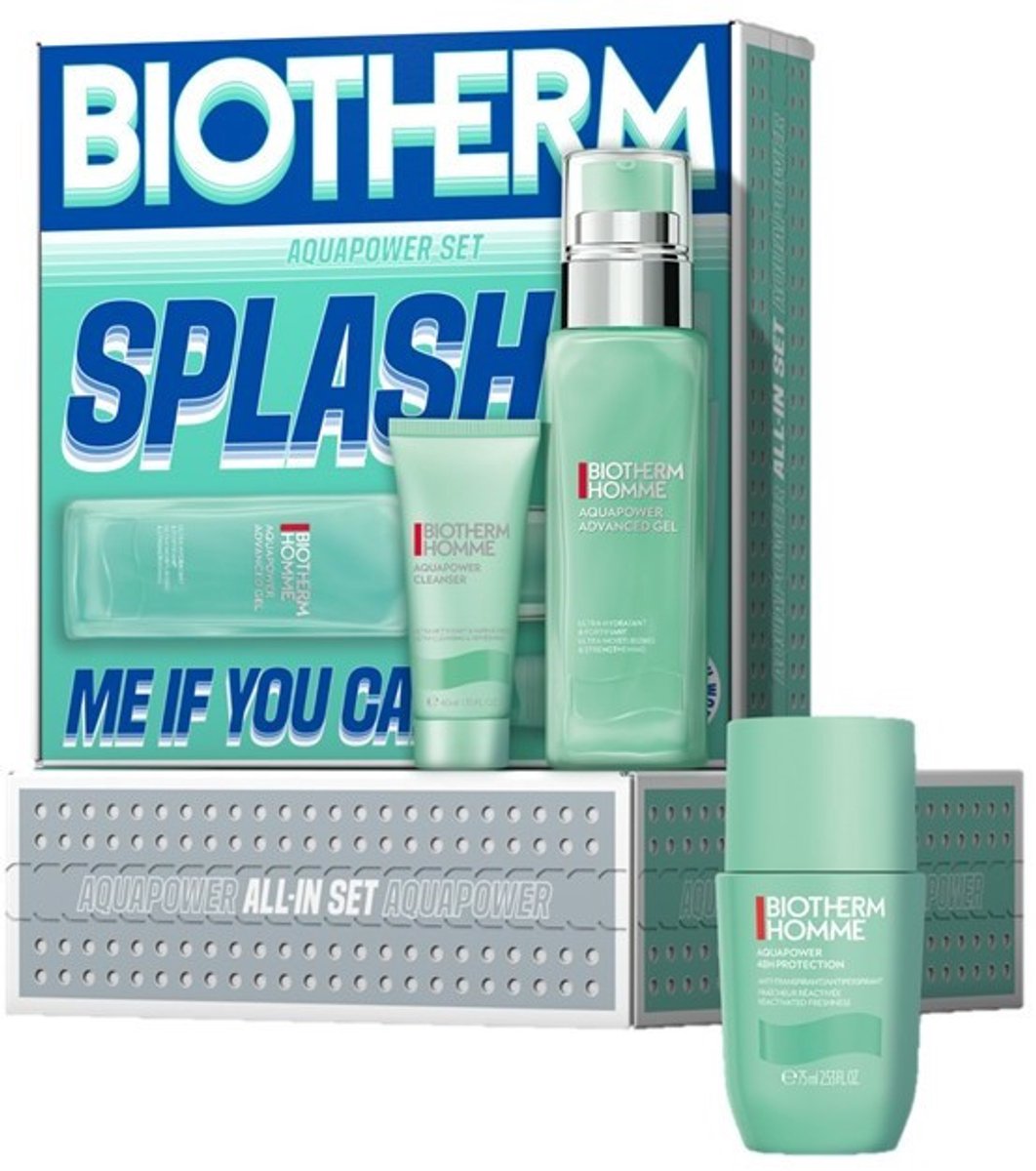 Biotherm Skin Fitness Set Voor Mannen: SPLASH ME IF YOU CAN – AQUAPOWER SET, Inclusief Aquapower Advanced Gel 75ml, Aquapower Cleanser 40ml, Aquapower 48H Deo Roll-On 75ml