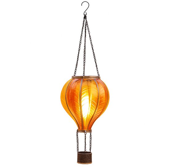 Anna's Collection Solar luchtballon lantaarn - geel/oranje - hangend - 20 led lampjes - vlam effect - 14 x 45 cm - zonne-energie - tuinverlichting