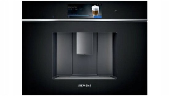 Zwarte Siemens inbouw koffiemachine met een leeg recept en een "Start" knop.