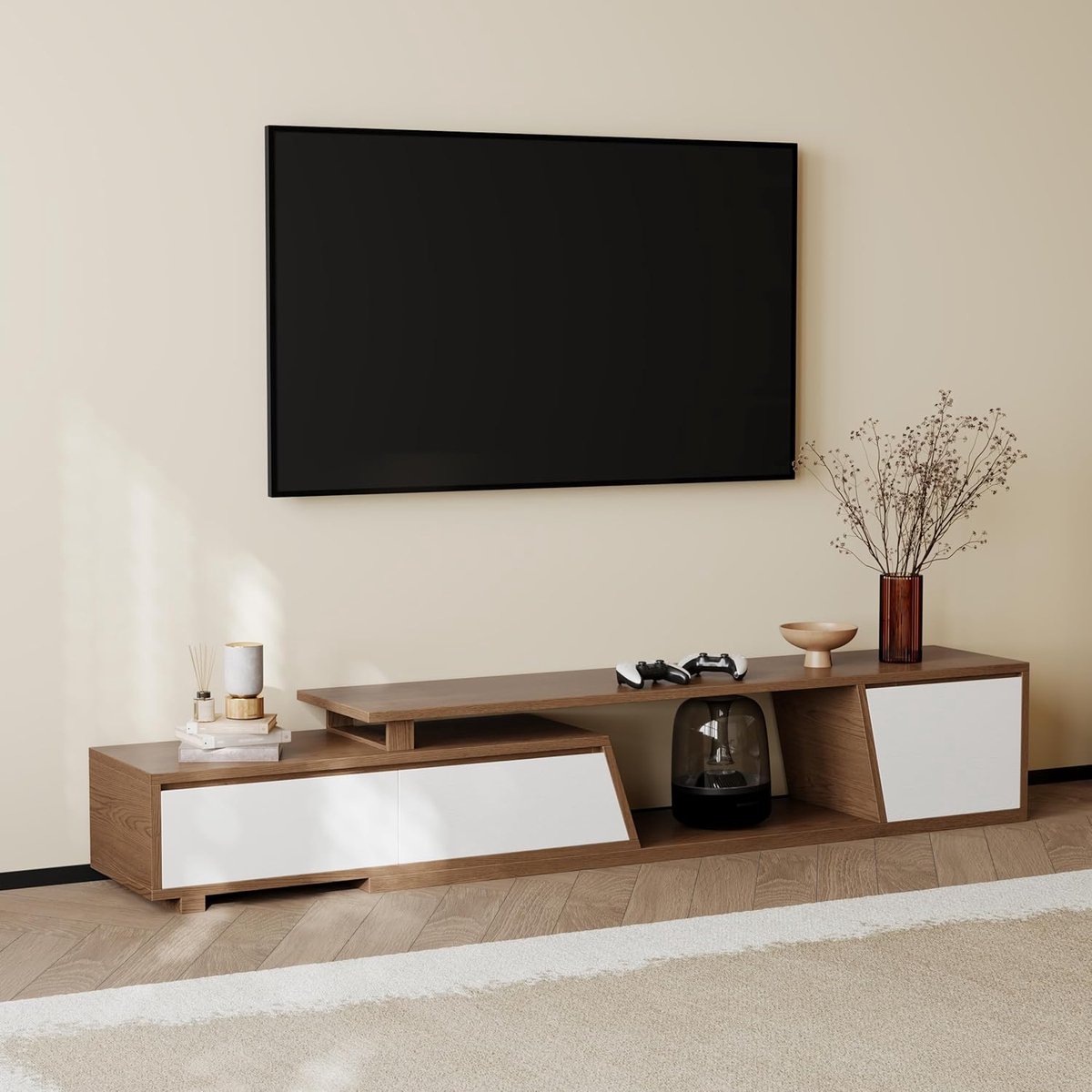 Uitschuifbaar TV-meubel 180-240 cm B x 40 cm D x 40 cm H – Modern Minimalistisch TV-meubel met 3 Laden voor TV’s tot 110 inch – Wit & Walnoot – Pauwhome