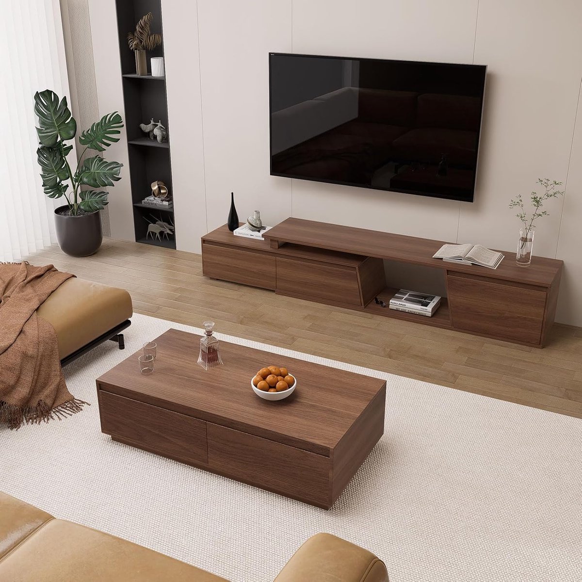 Uitschuifbare TV-kast 180-280 cm | Moderne Walnoot TV-meubel met 3 laden, Opbergruimte & Kabelmanagement, Geschikt voor TV's tot 120 inch | Pauwhome