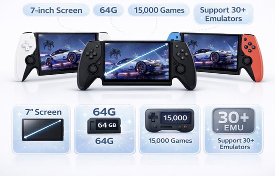 Retro console - Handheld - 7 inch - 64 GB - Rood - +15000 games Nederlands Taal