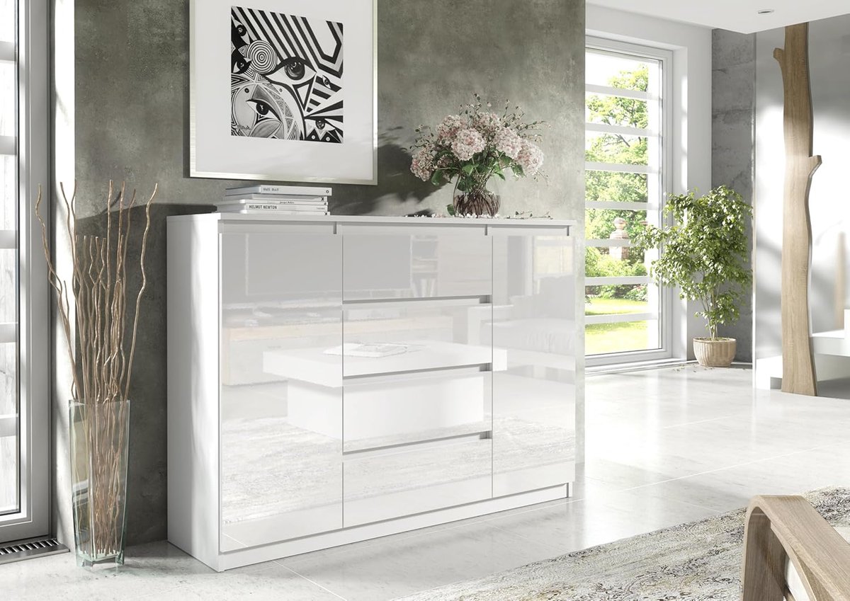 Commode met 4 laden en 2 deuren 140 cm – Dressoir voor woonkamer en slaapkamer – Wit Hoogglans – 138,6 x 39 x 101,5 cm – Pauwhome