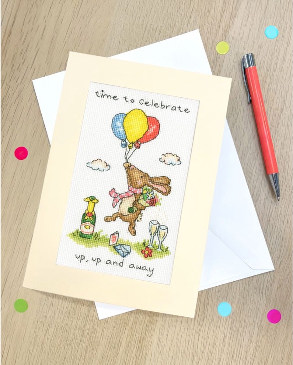 Bothy Threads borduurpakket wenskaart ballon vliegen XGC66 telpatroon incl. passe-partout, kaart en envelop