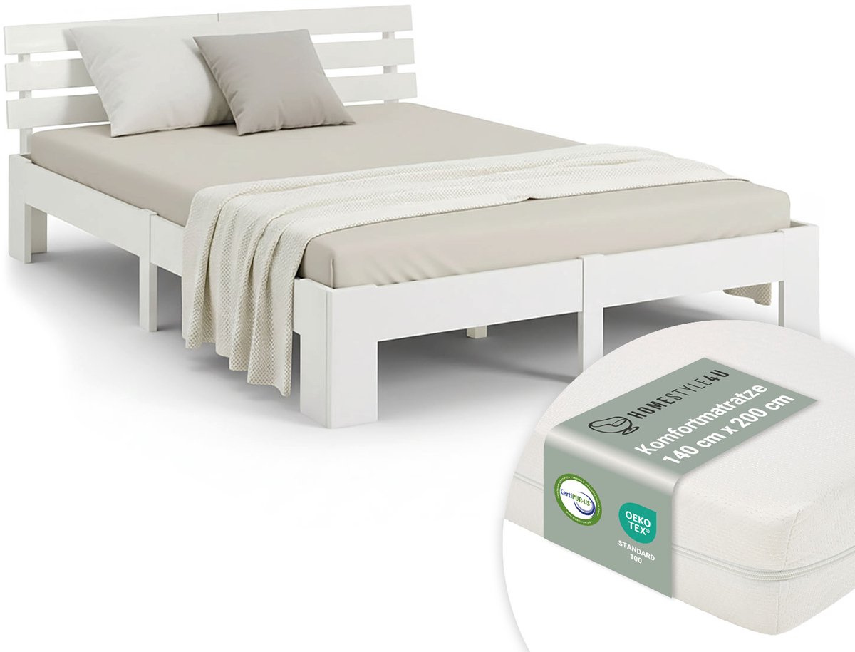 Homestyle4u Tweepersoonsbed - 140x200 cm - Houten bed - met matras en lattenbodem - Wit