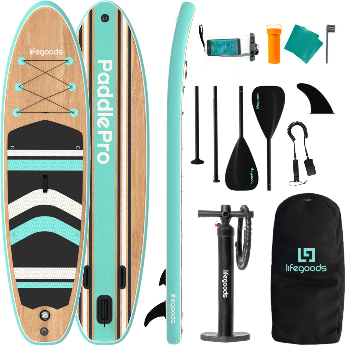 LifeGoods PaddlePro SUP Board - Opblaasbaar Paddle Board - Complete Set - Max. 150KG - 320x81cm - Hout/Mintgroen