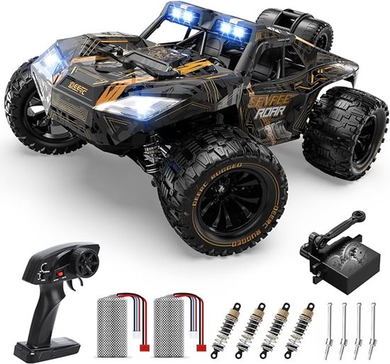Zwarte monstertruck met gouden patronen, verlichting, offroad banden, inclusief afstandsbediening en extra onderdelen.