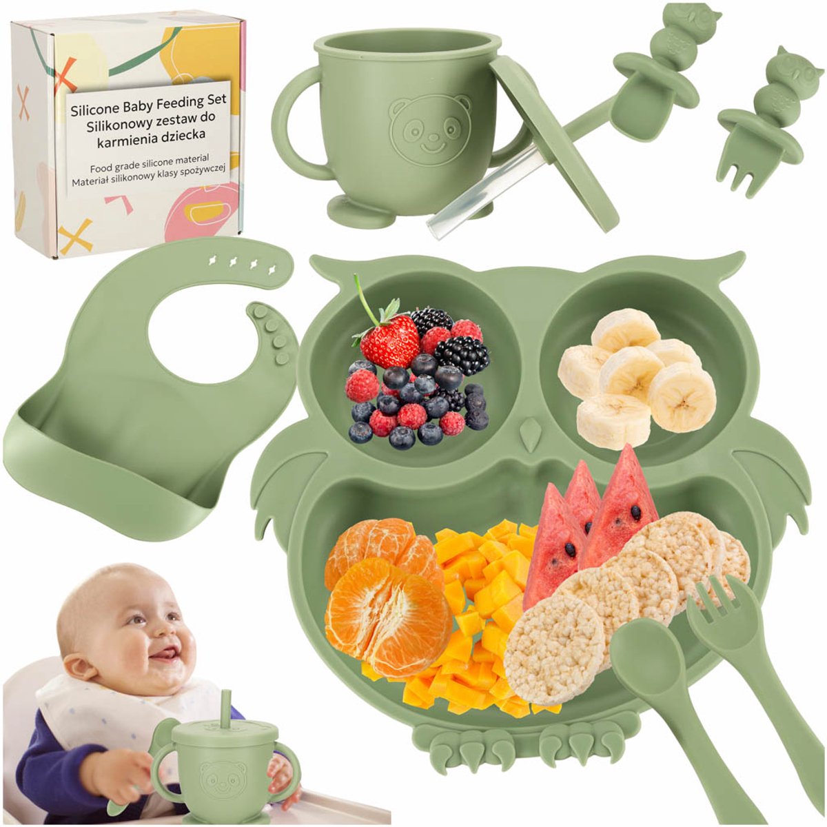 Siliconen Baby Servies Set - 8 Delig Kinder Eetset met Bord Kom Beker met Rietje Slab en Bestek - Uil Design - Met Zuignap - BPA-vrij - Antislip Kinderservies - Groen