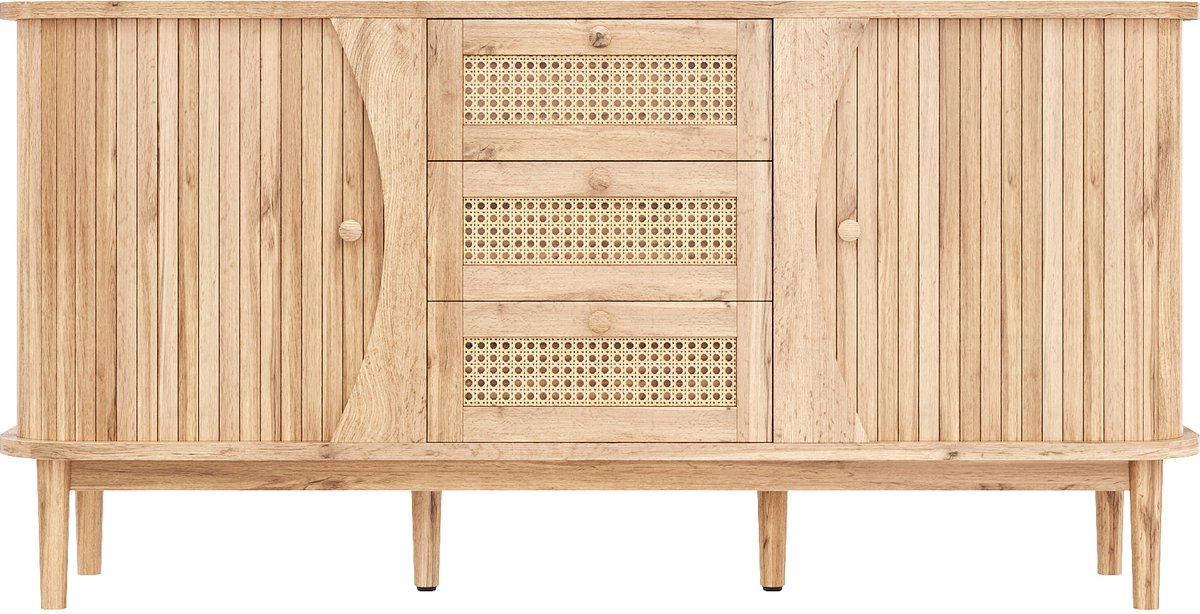 Sideboard, rattenkast, kast met schuifdeuren, verstelbare planken en afgerond blad-Natuurlijke houtkleur