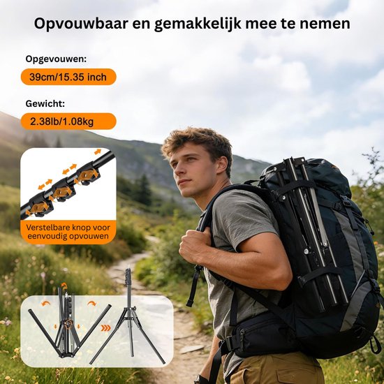 Man met rugzak, met een opgevouwen statief dat 39cm meet.