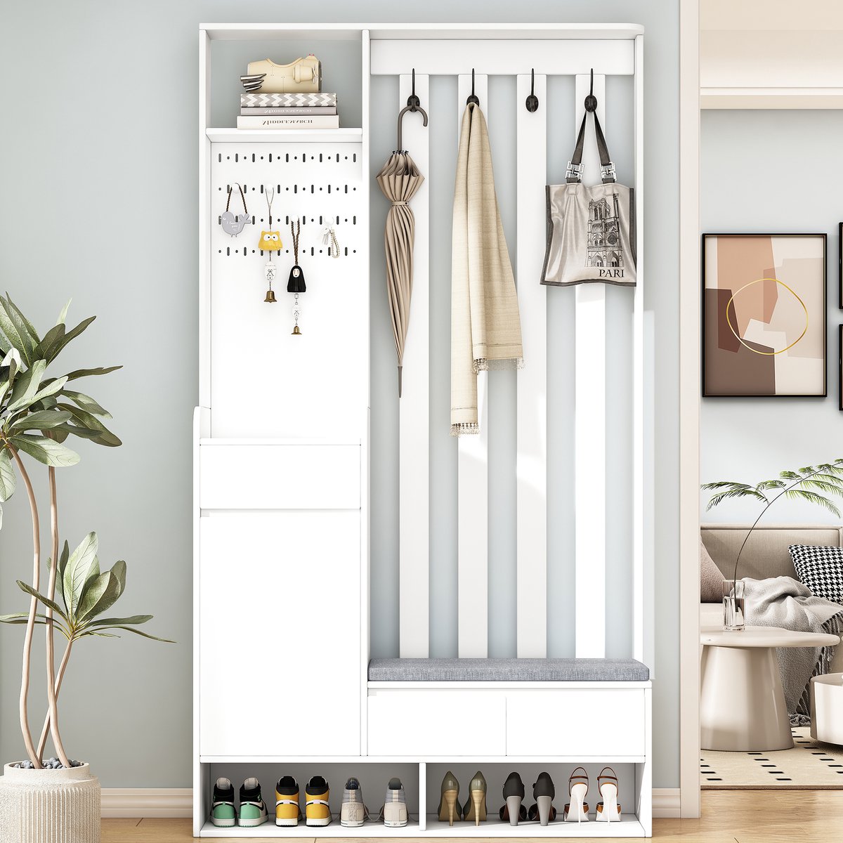 MODFU Kapstok 100x35x180 cm van MDF, vrijstaand met zitbank en opbergruimte, wit