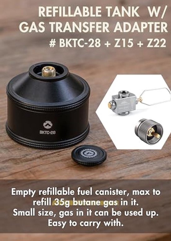 Navulbare gasbus voor camping en backpacking - EN417 Lindal ventiel 35g met adapters — afbeelding 4