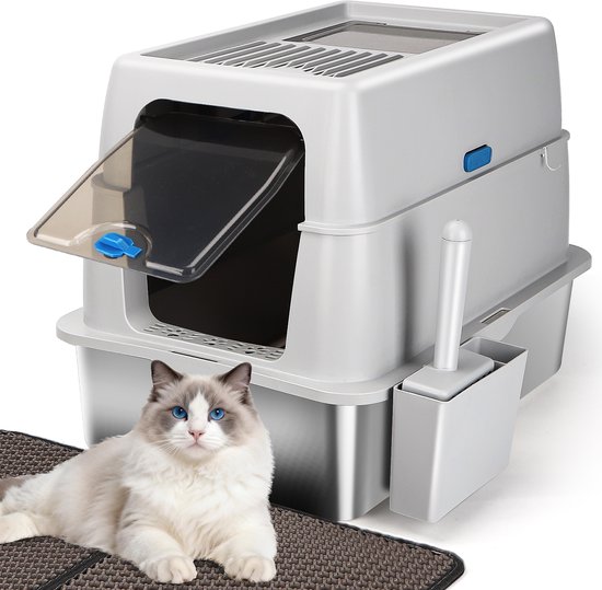 Nobleza 42R - Bac à litière Premium en acier inoxydable - XXL - Avec neutraliseur d'odeurs, pelle à litière et tapis inclus - Pour petits et grands Chats - Capacité 38 L - Groot x 40 x 44 cm - Grijs