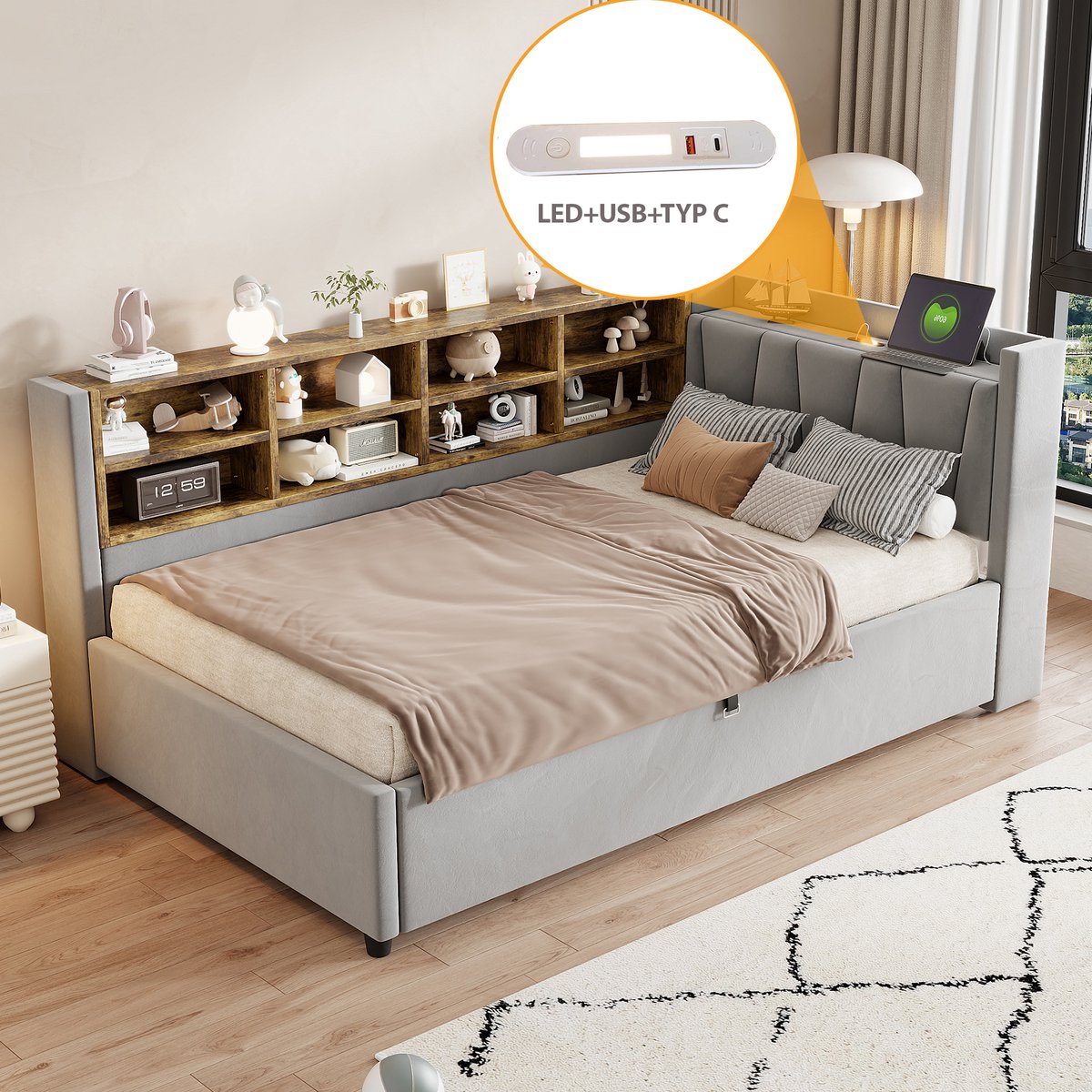 MODFU Bedframe 90x200 cm – Lichtgrijs fluweel met gestreept hoofdbord & USB/Type-C – Hydraulisch