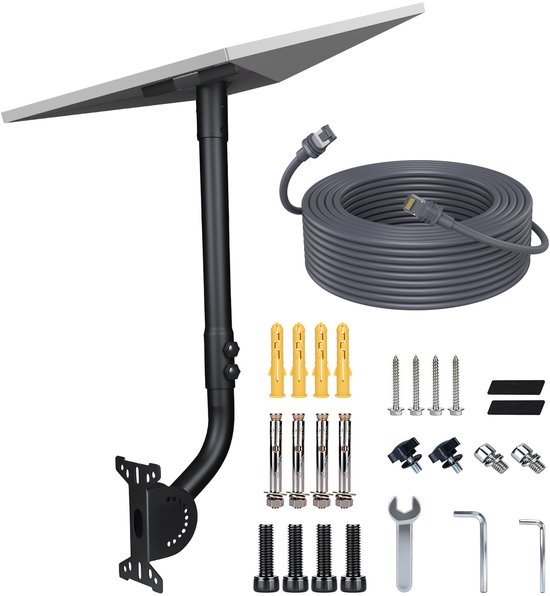 Diverses pièces d'un kit de montage mural Starlink Gen 3 : un support noir, un câble, des vis et des outils.