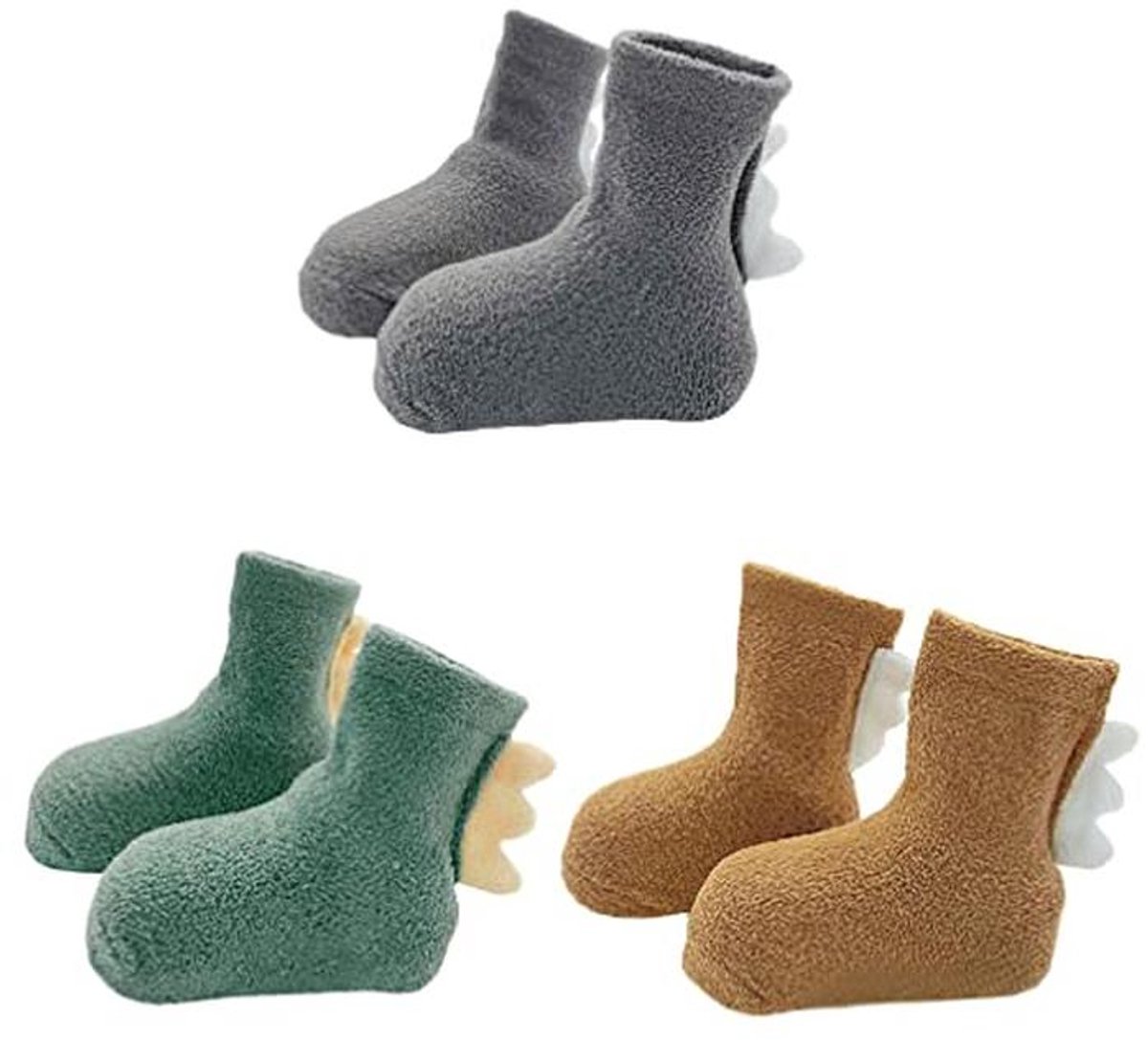 Dikke Thermische Baby Sokken met Antislip Grip - 3 Paar 3D Dinosaurus Design