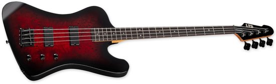 Vogelvormige elektrische basgitaar met rode burst afwerking en zwarte hardware.