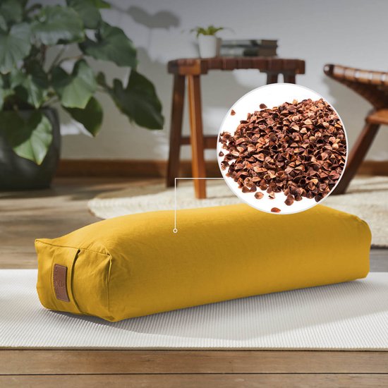 #DoYourYoga - Hoekig Yoga bolster - »Paravati« - Meditatiekussen met bio-organische Spelt vulling - L67 cm & diam.13 cm - indisch geel van #DoYourYoga — afbeelding 3