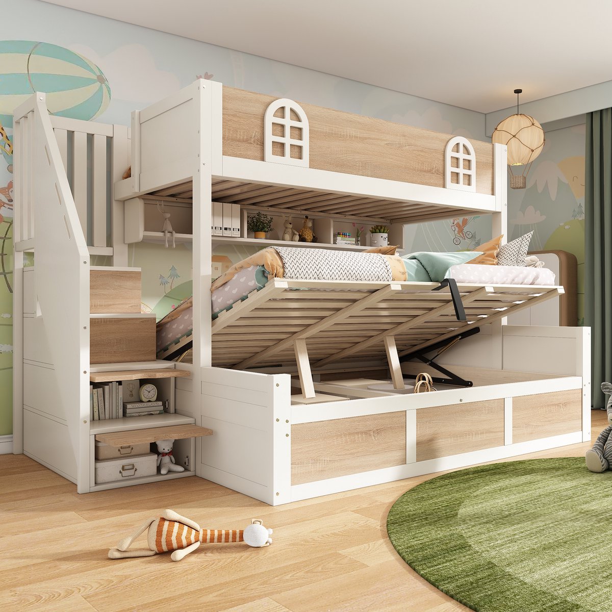 OKWISH Stapelbed 90x200cm En 140x200cm – Met Trapkast En Hydraulische Opbergruimte – Met Lattenbodems En Valbeveiliging – Zonder matras – Wit Naturel