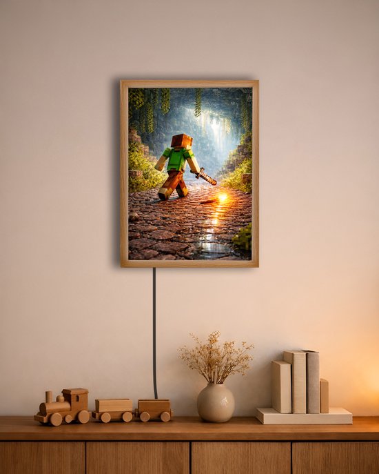 Minecraft Inspired Avonturier – 31×23 cm – Verlicht kunstwerk – LED licht portret nachtlampje – Dimbaar – Sfeerverlichting – Kinder Woon en Slaapkamer Wall Art Decor van NovaPortrait — afbeelding 5