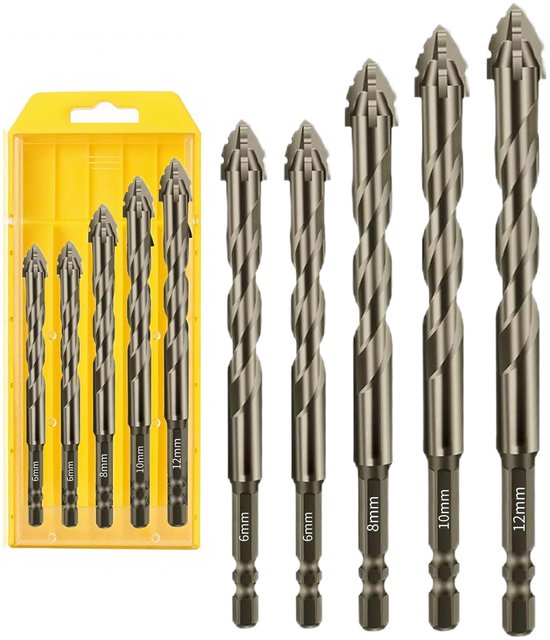 Vijf glazen en metaalboren in maten 6mm, 6mm, 8mm, 10mm, 12mm. Een gele verpakking is zichtbaar.