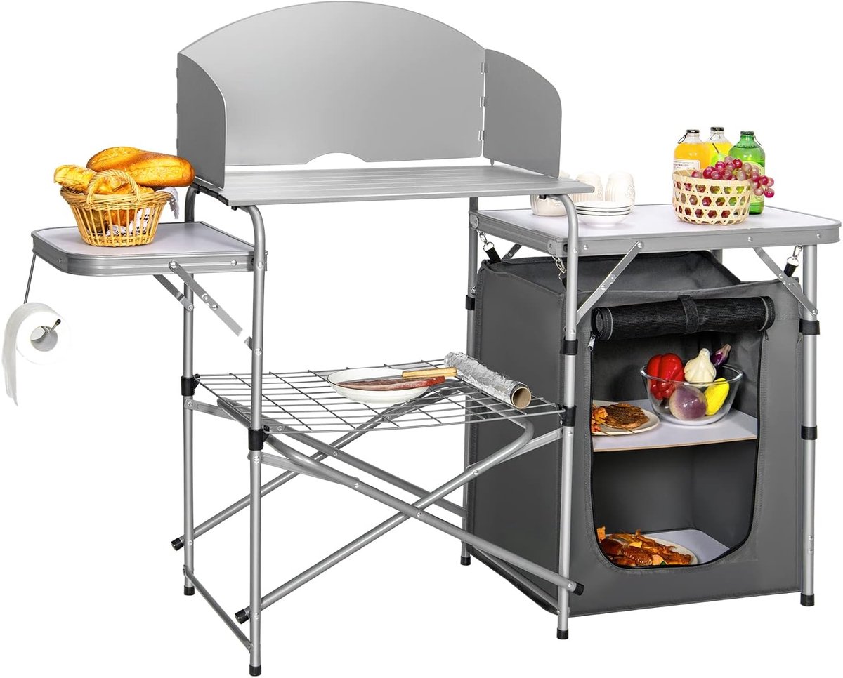 KOMFOTTEU Opvouwbare campingkeuken, campingkast met aluminium frame, reiskeuken met plank, windscherm en draagtas, tentkast voor picknick, reizen, strand, grijs