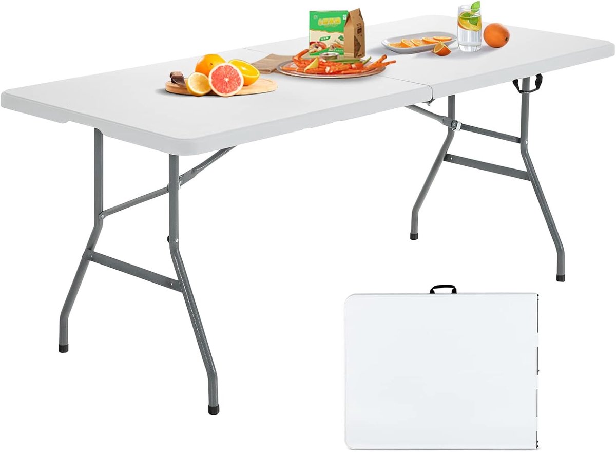 KOMFOTTEU Klaptafel voor buiten, rechthoekige tafel van HDPE met antislip voeten, frame van metaal, ruimtebesparende klaptafel met handgreep, voor tuin, terras