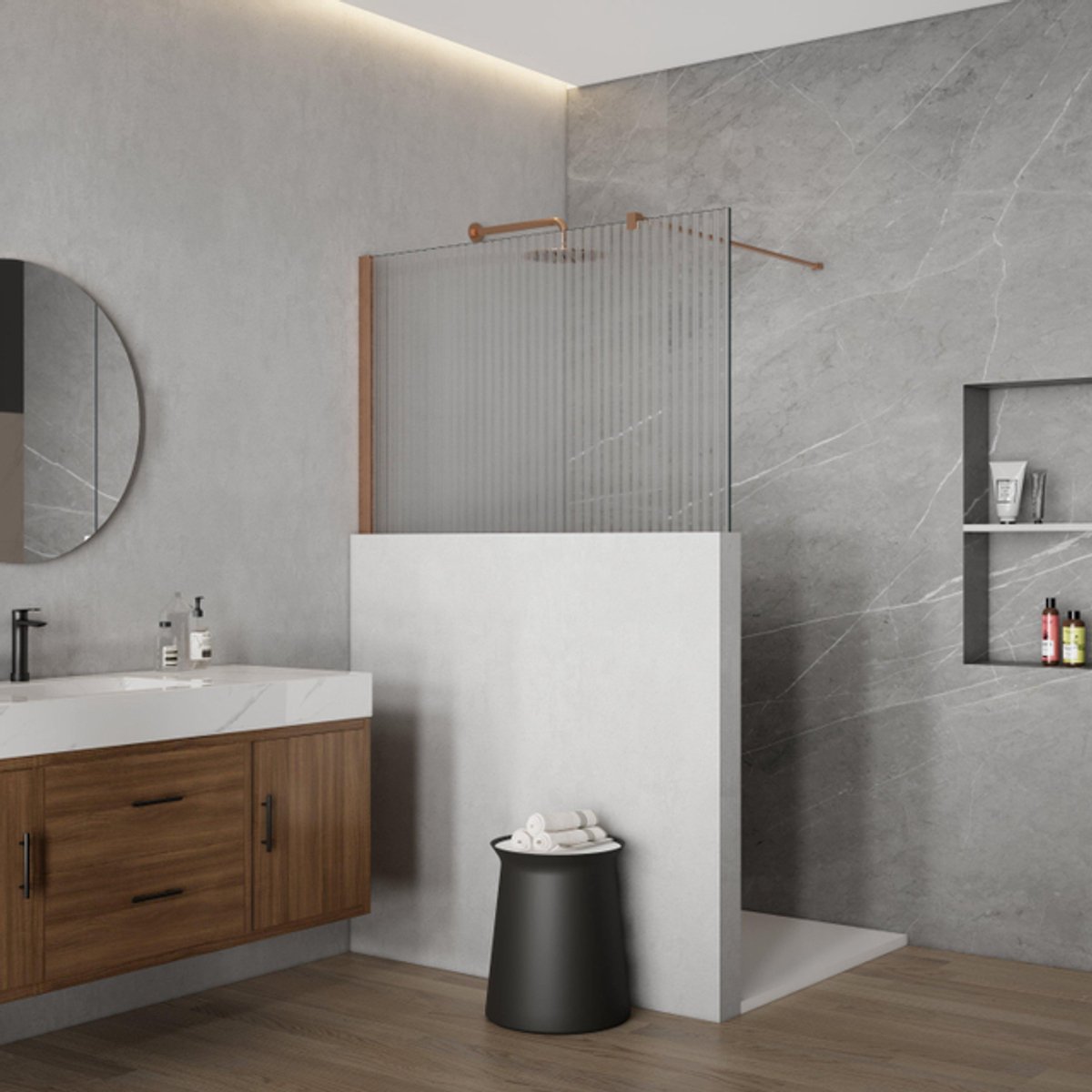 FugaFlow Eccelente Vetro Halfhoge Inloopdouche - 120x80cm - ribbelglas - 8mm - nano - met profielset en stabilisatiestang - Geborsteld koper PVD (Koper)