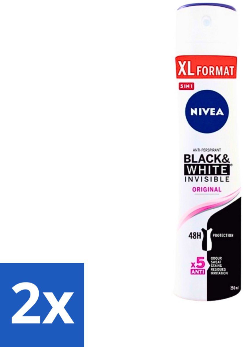 2 x Nivea - Deospray - Invisible Black & White Original - 48 Uur Lang Werkend - 250 ml - Anti-transpirant - Zweetvlekken - Kledingbescherming - Huidvriendelijk - 48 Uur Bescherming