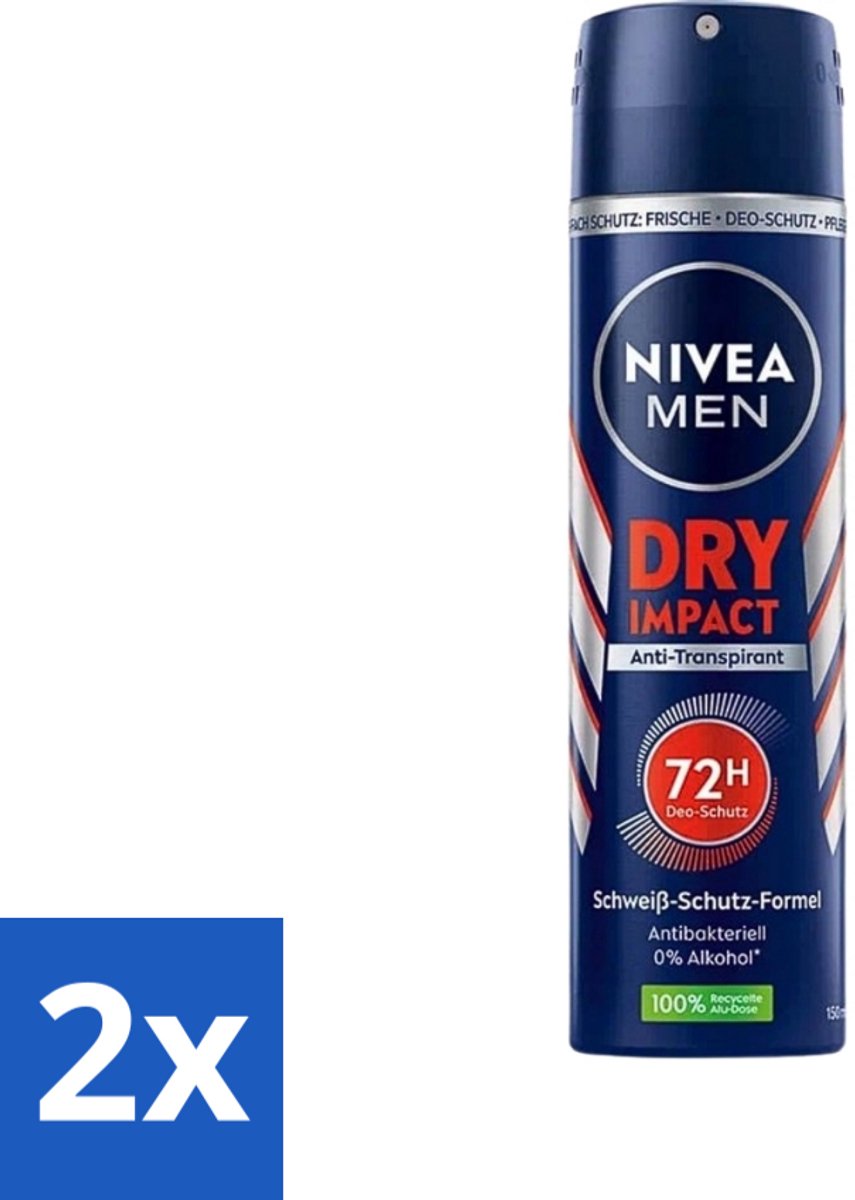 2 x Nivea - Men - Deo Spray - Dry Impact - 48 Uur Lang Werkend - 150 ml - Anti-transpirant - Deodorant Spray - 48 Uur Bescherming - Droogheid - Frisheid