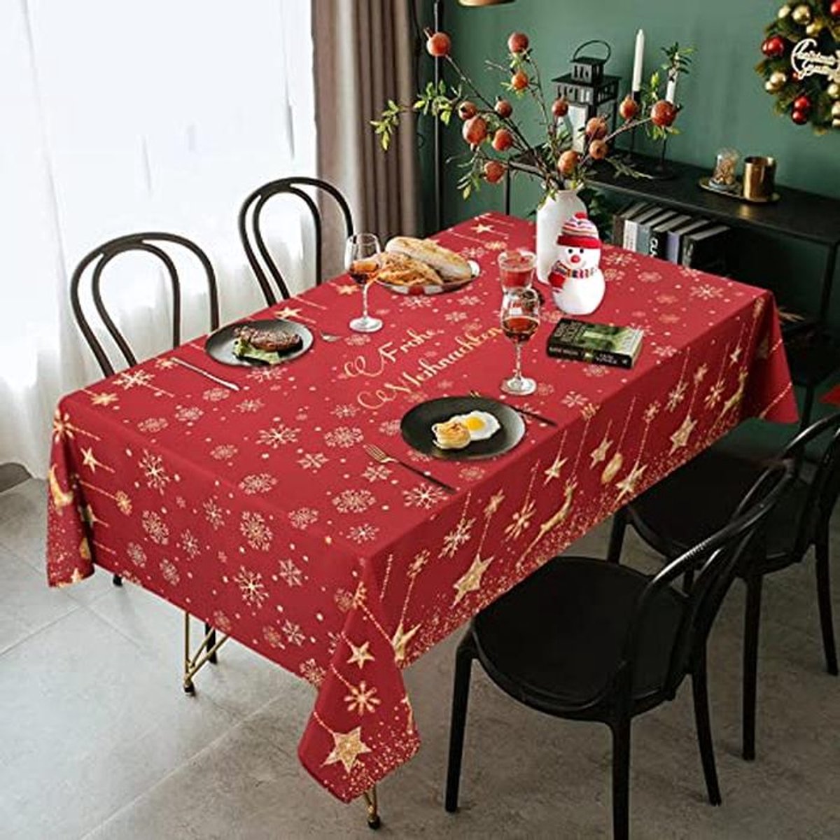 Kerst Tafelkleed Rood Glanzend met Sneeuwvlok en Rendieren - Waterdicht en Afwasbaar