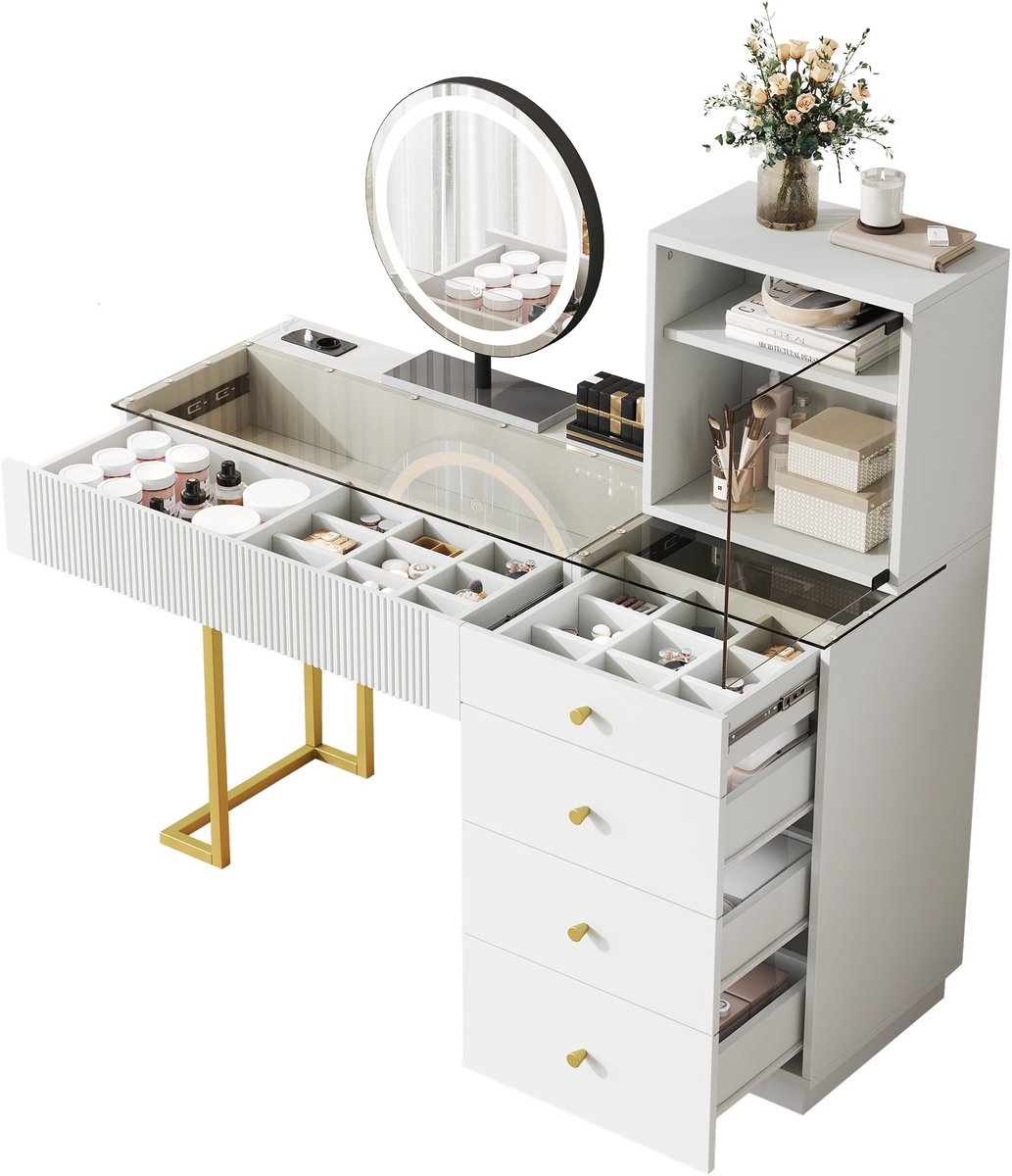 Merax Kaptafel met LED-Spiegel en Glazen Blad – 5 Lades + Kast – Wit – Make-up Tafel / Toilettafel 120 × 40 × 120 cm
