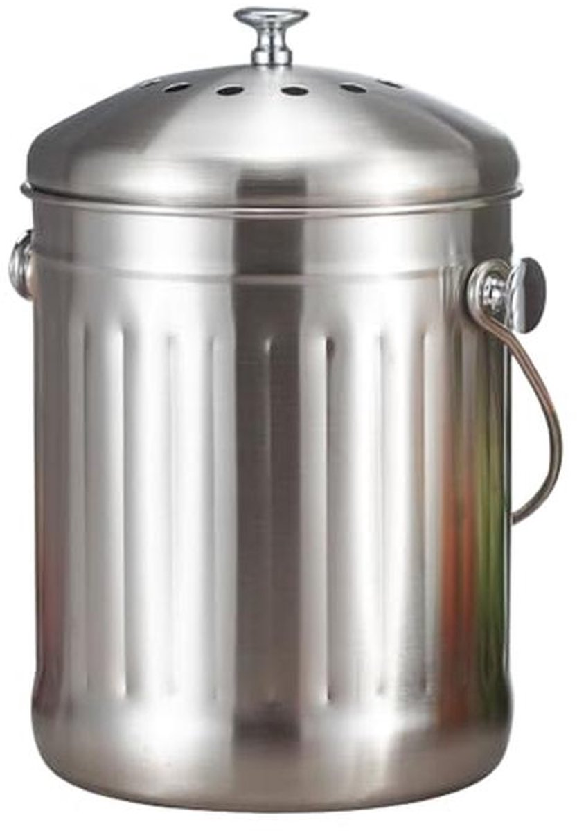 Compostbak Keuken 5L Roestvrij Staal - Onder Gootsteen Compost Emmer met Deksel en Houtskoolfilter