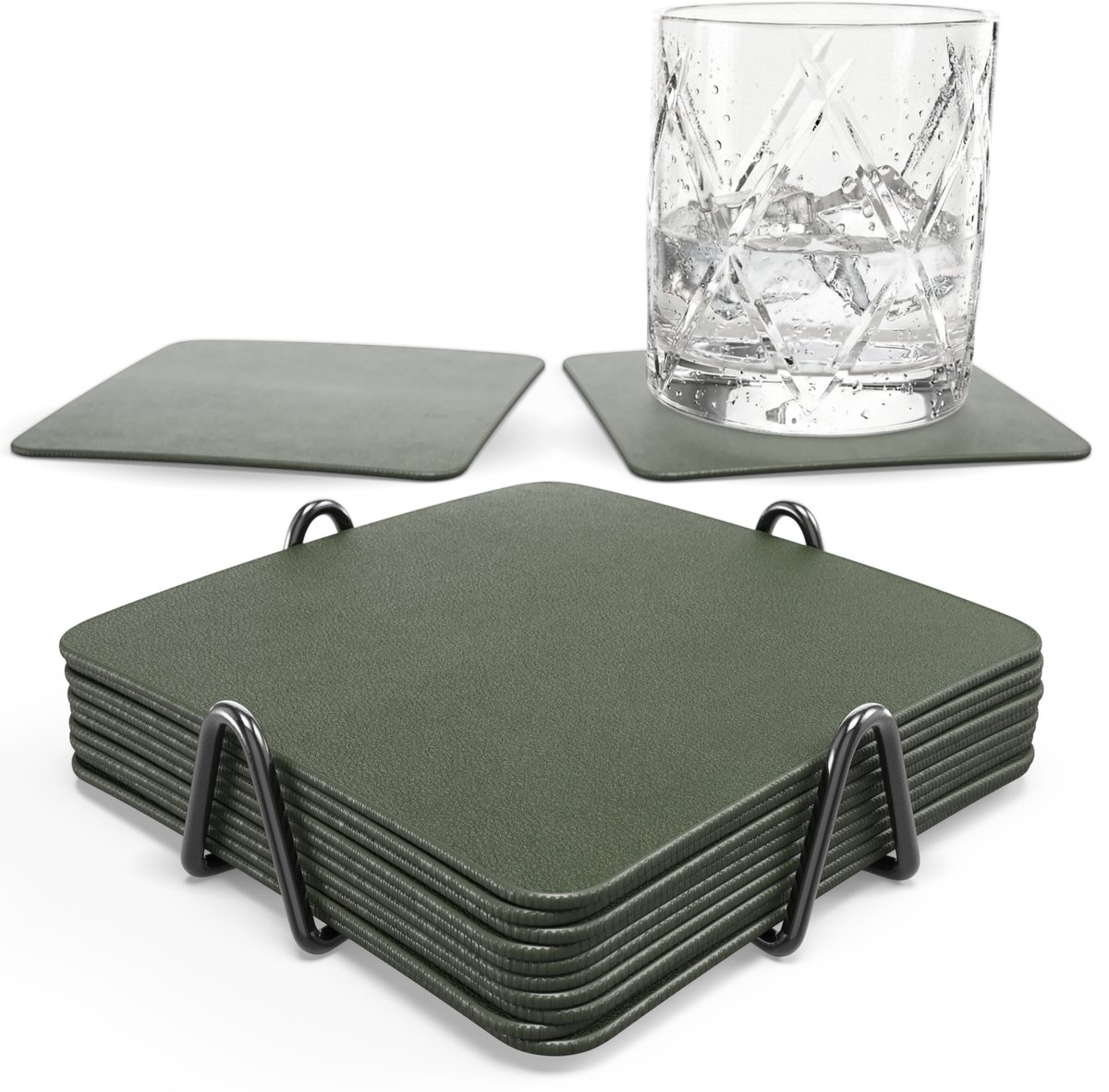 Castagnola Kunstlederen Onderzetters – Onderzetters voor Glazen – Design Onderzetters met Houder – Leren Onderzettersset met metalen houder – Leder – Set van 10 - Groen - 10x10cm