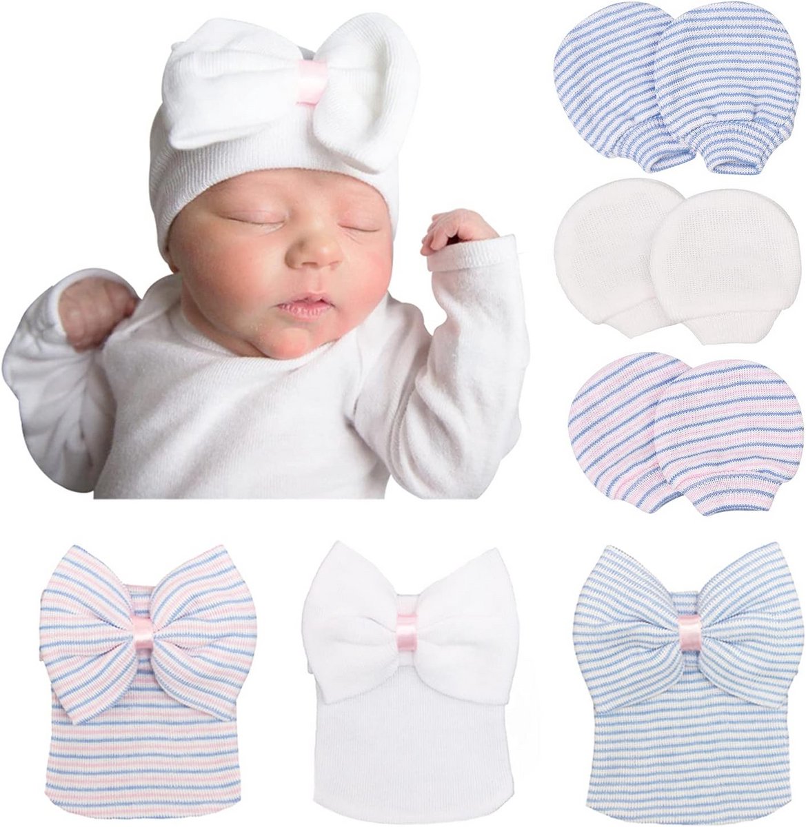 Set van 3 Mutsjes en 3 Paar Wanten voor Pasgeboren Baby's (0-3 Maanden)