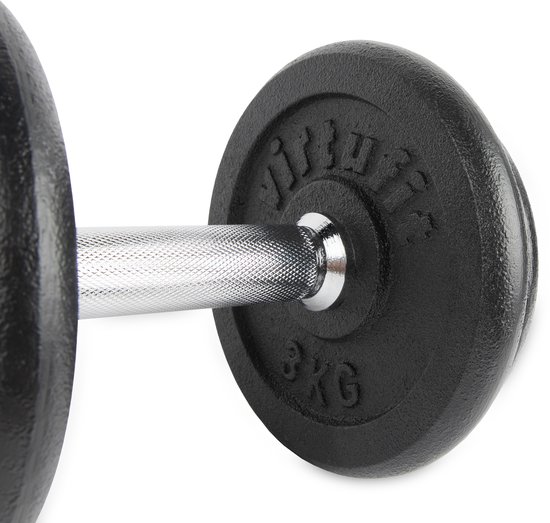 Close-up van een zwarte dumbbell met gegoten '3 KG' gewichtsaanduiding.