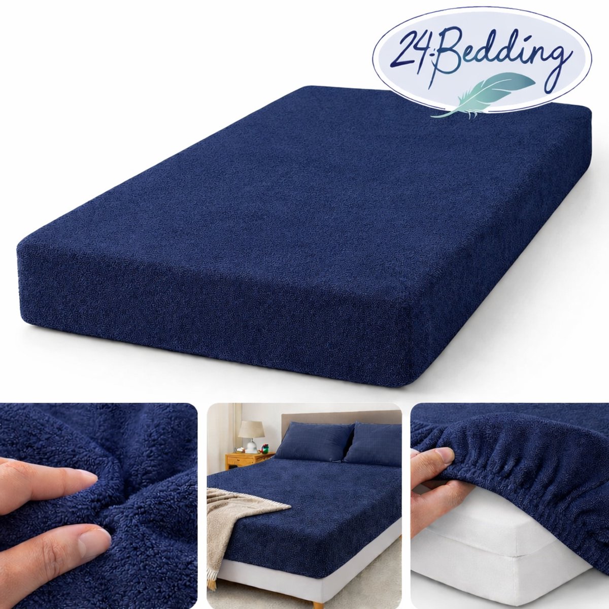 24-Bedding - Badstof Hoeslaken - Extra Zwaar - 180 gr/m2 - 140x200 cm - Marine - 30 cm