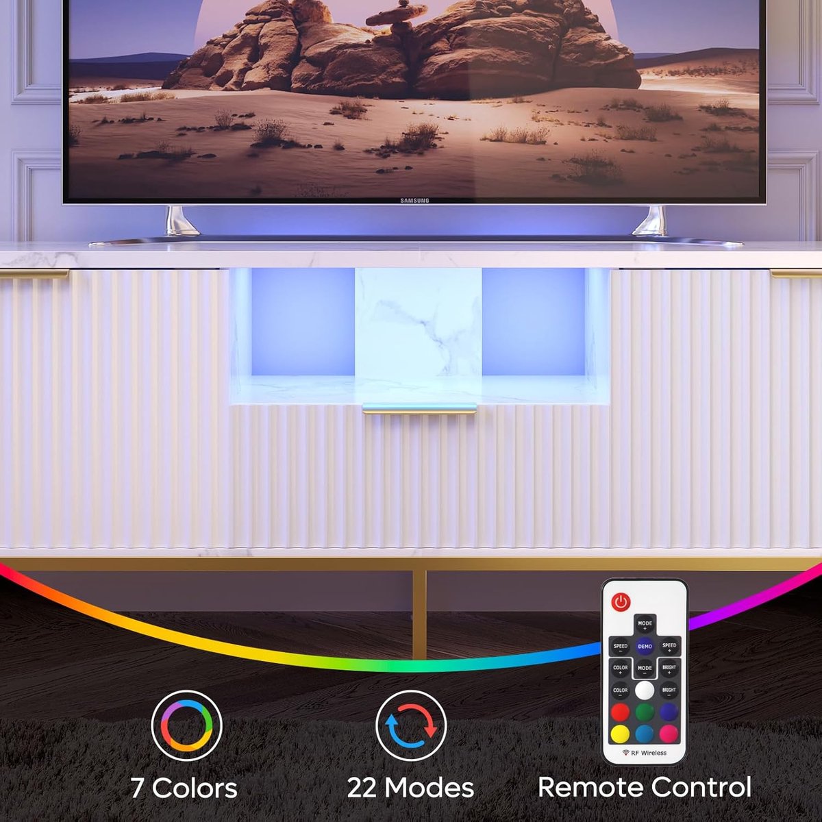 TV-meubel Urbanhome Elegance 140 – Modern Entertainmentcentrum voor TV tot 60 inch – Mediaconsole met Lade en Kasten – Hoogglans Wit Marmer – LED-verlichting – Woonkamer & Slaapkamer