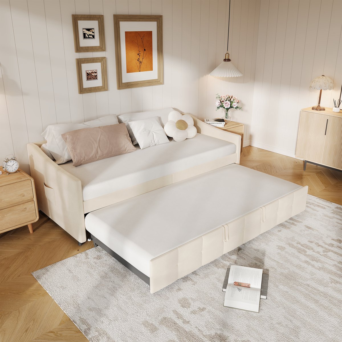 ROSAHQNDA Slaapbank - 90x200 cm - Uitschuifbaar lattenbodem - Fluweel - crèmekleur - Matras niet inbegrepen
