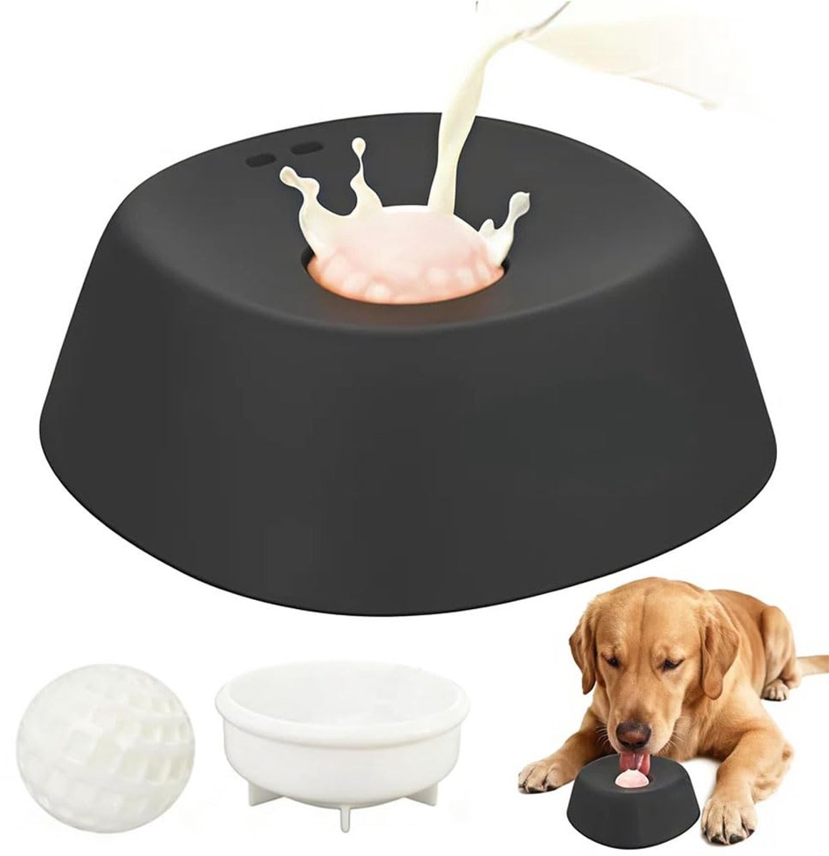 Slow Feeder hondenbak voor vloeibare traktaties - Antislip likbak voor honden met bottenbouillon, morsbestendige voerbak met ingebouwde rollende bal, likspeeltje voor grote, middelgrote en kleine honden, tegen verveling.