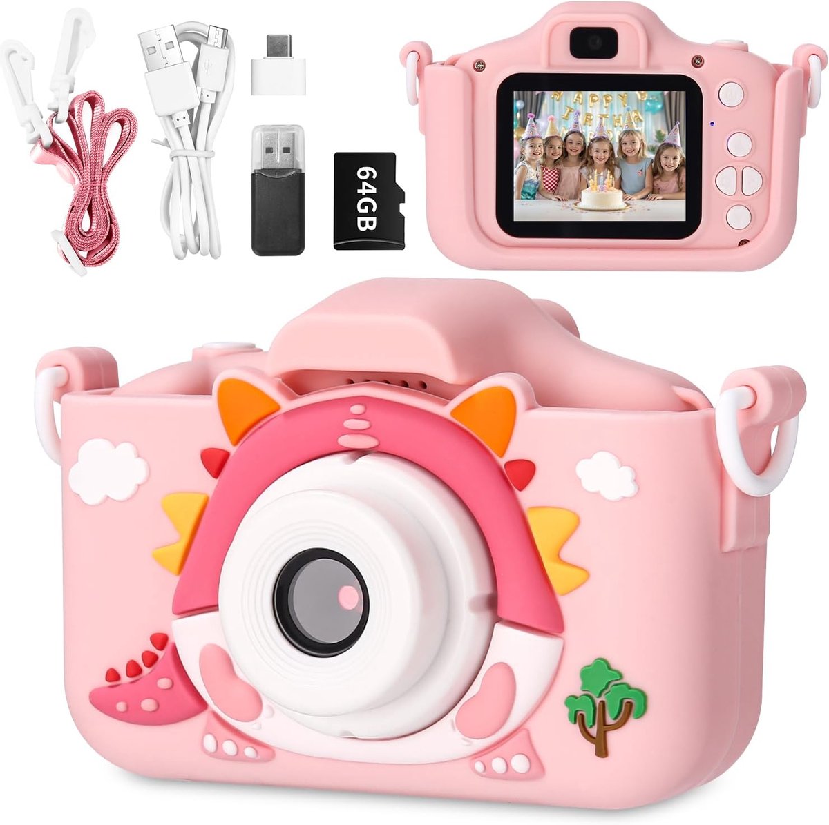Kindercamera, 2,0-inch digitale camera voor kinderen, 64GB SD-kaart, mini oplaadbare camcorder, geschikt voor jongens en meisjes van 3-10 jaar, 1080p HD-video, roze.