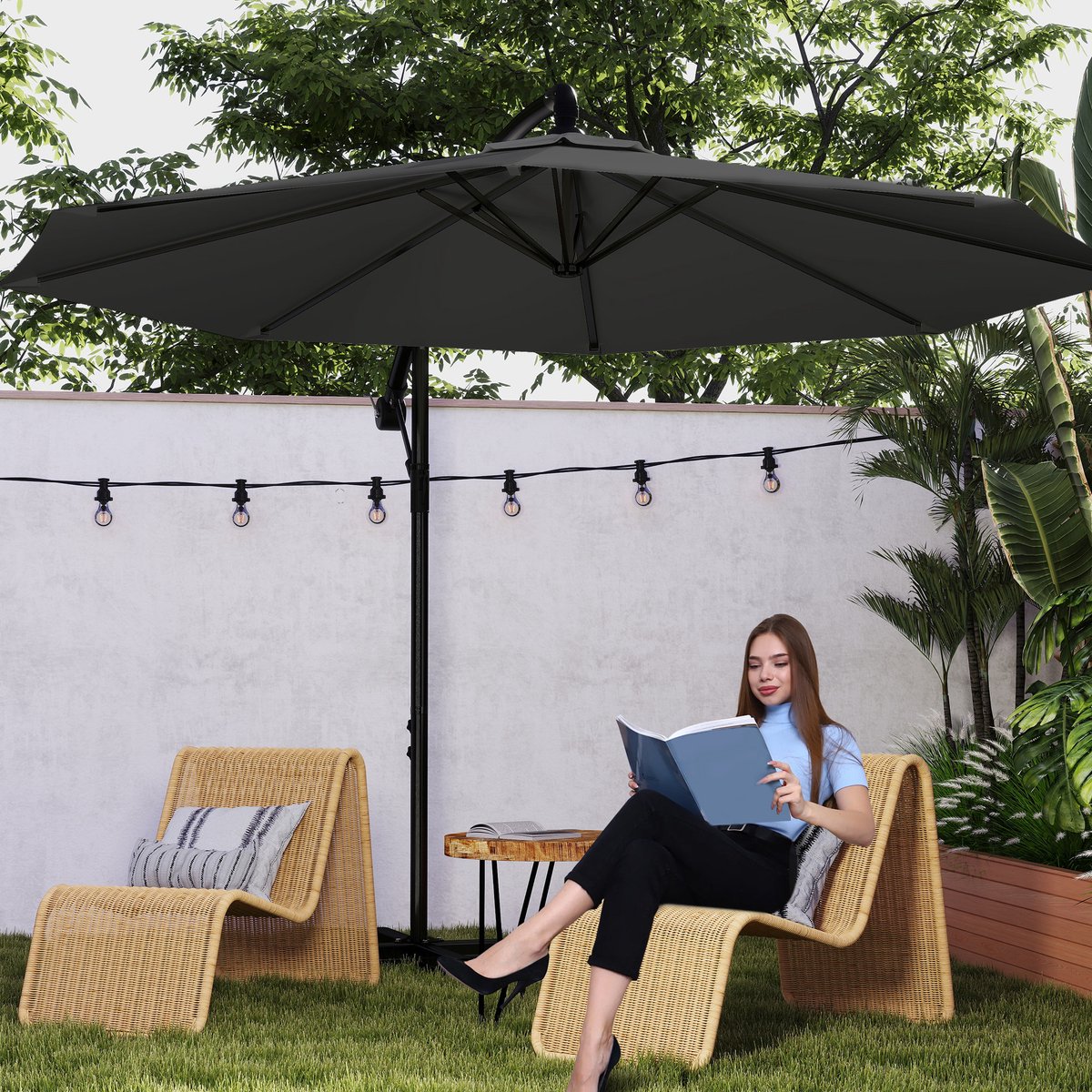 Zweefparasol Ø350 cm - Aluminium Parasol Kantelbaar 360° Draaibaar - Hangparasol met Kurbel UV-bestendig Waterafstotend - Tuinparasol Zonder Middenpaal - Donkergrijs – foto 7