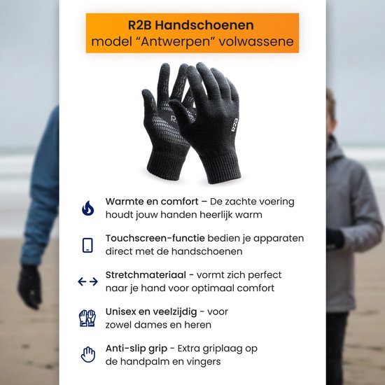 Overzicht van R2B handschoenen 'Antwerpen' voor volwassenen, met icoontjes voor warmte, touchscreen, stretch, unisex en grip.