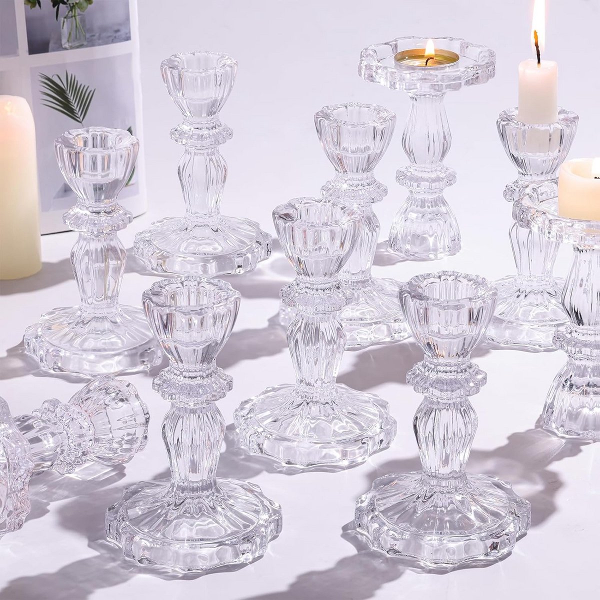 12x Glazen Taper Kaarsenhouders - Vintage Bloem Design Kandelaars voor Tafeldecoratie